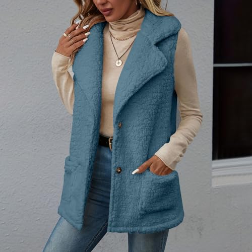 Womens Fleece Vest Sleeveless Winter Warm Jackets Button Down Lapel Collar Vest Solid Color Outwear with Pockets2