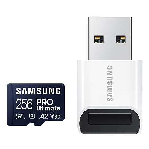 Image of SAMSUNG PRO Ultimate microSD Memory Card+Reader, 256GB microSDXC, Up to 200 MB /s, 4K UHD, UHS-I, Class 10, U3,V30, A2 for GoPRO Action Cam, DJI Drone, Gaming, Phones, Tablets, MB-MY256SB /AM