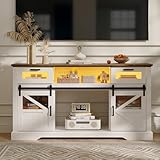 Fameill TV Stand for Televisions up to 65 Inch, Glass Media Entertainment Center with Storage Cabinet, Adjustable Led Light & Sliding Barn Doors, Media Console Table for Living Room, White