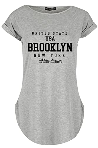 Fashion Star Womens Curved Hem Jersey Printed Summer Top Round Neck Turn Up Ladies Cap Sleeve T-Shirt M/L (UK 12/14) Brooklyn USA Print Grey