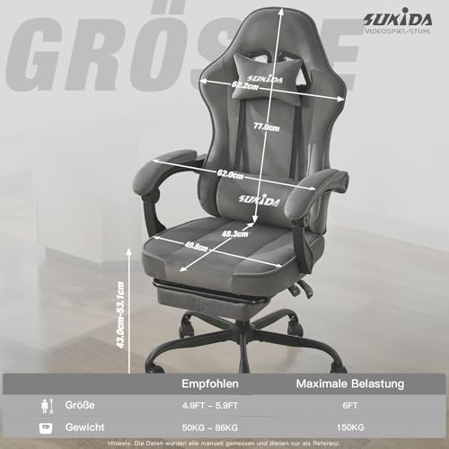 SUKIDA Gaming Stuhl Stoff, Ergonomischer Gaming Chair mit Fußstütze, Verstellbarer Racing Computerstuhl mit Lordosenstütze… – Ansicht 2