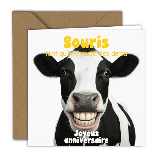 Edition Colibri Carte d'anniversaire - Illustration de vache souriante | Carte pliée (15x15 cm) – avec enveloppe kraft – Intérieur vierge
