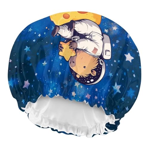 Image of Blue Galaxy Sleeping Cap for Kids Cute Capybara Print Beanie Sleep Hats with Elastic Wide Band Kids Satin Bonnet Adjustable Night Heawear Hat for Curly Natural Hair