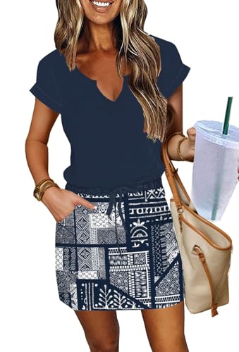 Image of SAUKOLE Women Summer T Shirt Dress Casual Short Sleeve V Neck Dress with Pockets Drawstring Waist Short Dresses