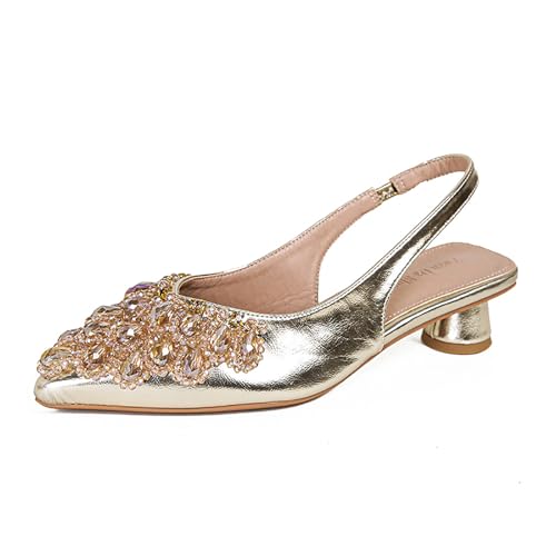 Women's Rhinestone Kitten Heel Slingback Sandals,Comfort Pointed Toe Slip On Block Heels Closed Toe Wedding Dress Pumps Shoes