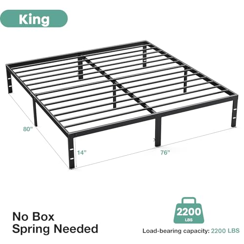 Image of Sweetcrispy Bed Frame King - Heavy Duty No Box Spring Needed Metal Platform Bedroom Frames with Storage Space, 14 Inches High, Sturdy Steel Slat Support, Black