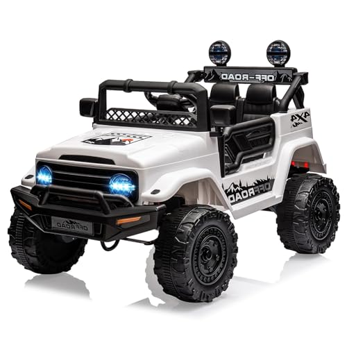 2 Seater Ride On Car for Kids, 12V Electric Truck with Parent Remote Control, Spring Suspension, 2 Speeds, LED Headlight & Music Player, Kids Electric Vehicle for Aged 3-8 Years, White