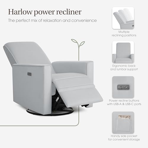 Image of Evolur Harlow Upholstered Power Glider Recliner with USB Charging - Rocking & 275 Swivel with Smooth Glide - Greenguard Gold & FSC Certified - Modern Nursery and Living Room Chair in Grey