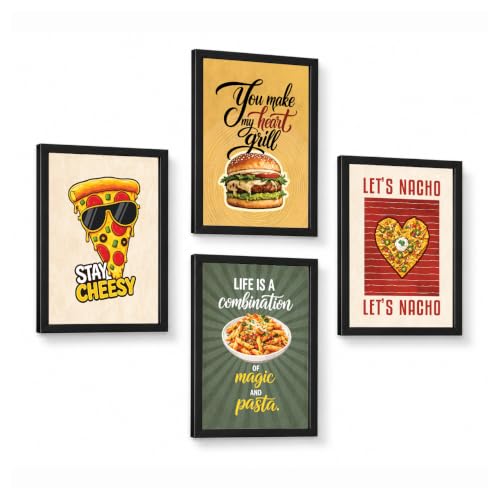 Image of Chaka Chaundh - Restaurant wall decoration items - Cafe quotes wall frames - Pizza walls frame - Pasta wall frame poster, Nacho wall frame, Burger wall frame art. - Food frame poster wall art. ( 14X11 inch. Set OF 4 )