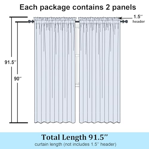 Image of Simplebrand White Sheer Curtains 90 Inches Long, Light Filtering Rod Pocket Solid Color Window Sheer Curtain Panels, Elegant Curtains & Drapes for Living Room, Bedroom 2 Panels (White, 59 inch W x 90 inch L)