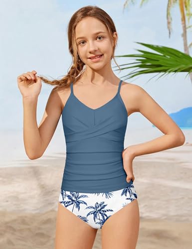 Image of Girls Swimsuit 2 Piece Bathing Suit Criss Cross Ruched Girl Tankini Sets Printed Girls' Swimwear for 9-18 Years