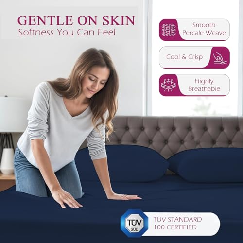 Image of Trance Home Linen 300 TC Bamboo Fitted Bedsheet | Soft, Breathable & Eco-Friendly Bedsheet with 2 Pillow Cover - (78 x 42 inch, Mediterranean Blue)