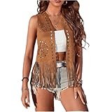 Women Boho Western Tassel Vest Open Front Faux Suede Fringe Cardigan Sleeveless Jacket Vintage Hippie Outwear(Brown, XXL)