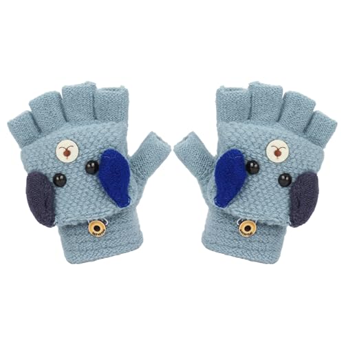 Children Cartoon Dog Winter Warm Cashmere-like Knit Fingerless Gloves with Mitten Cover Blue
