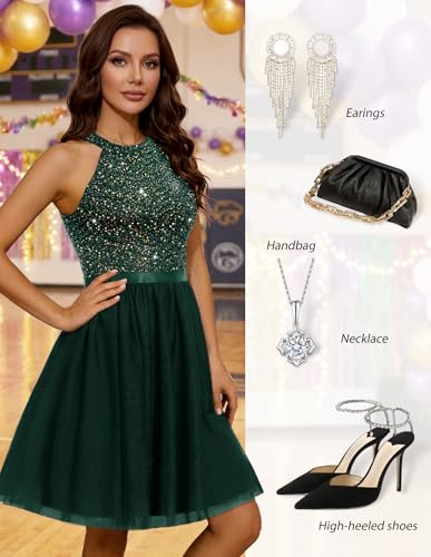 Image of Dressystar Women's Sequin Short Prom Dress Sparkly Halter Tulle Cocktail Party Homecoming Dresses
