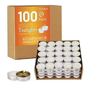 AlterEgo Unscented Tea Lights – 100 Pack Tealight Candles – 4+ Hour Burn Time – Clean-Burning White Palm Votive Smokeless Tealights Candles for Home, Shabbat & Anniversaries (100Pack)