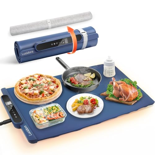 Lucidora Food Warming Mat, Electric Rollable Food Warmer 10 Levels Temperature & 10-Hour Timer Large Warming Tray with Child Lock for Parties & Buffet, Extra-Long 6.5ft Cord, Navy Blue