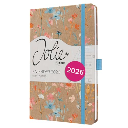 SIGEL J6807 Wochenkalender 2026 A5 blau, rot, Hardcover aus Kraftpapier, Gummiband, Stiftschlaufe, 174 Seiten, vegan, Buchkalender, Terminplaner Taschenkalender Jolie