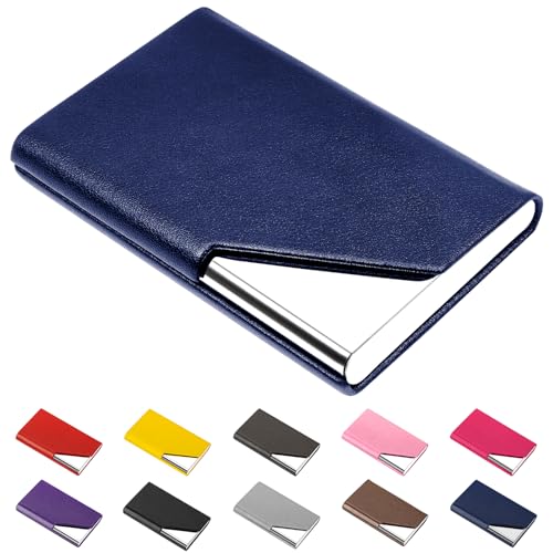 Image of Padike Business Card Holder, Upgraded Leather Business Card Case Pocket Card Holders for Men or Women, Metal Slim Name Card Holder RFID Blocking Business Card Carrier with Magnetic Closure(Blue)