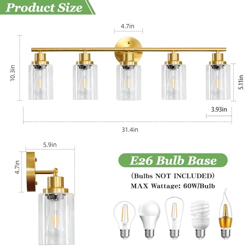 Image of 5-Light Bathroom Vanity Lights, E26 Modern Brushed Gold Bathroom Light Fixtures with Clear Glass Shade, Mirror Kitchen Hallway Cabinet Living Room Sconces Wall Lights