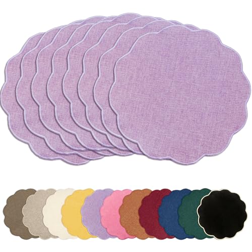AHHFSMEI Round Scalloped Placemats Set of 8 15 Inch Faux Linen