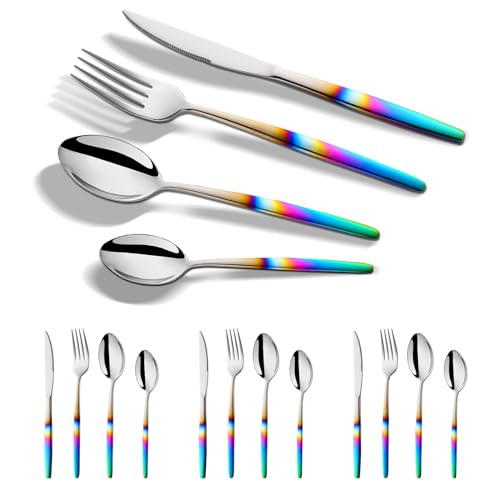 Buyer Star 16 Piece Rainbow Cutlery Set Stainless Steel Iridescent Handle Spoons Knife and Fork Sets for 4 Persons, Elegant Flatware Set Tableware for Daily Life and Dishwasher Safe