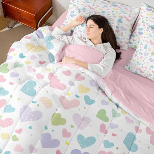 Image of Erosebridal Cute Heart Queen Comforter Set 7 Piece Valentine Love Heart Comforter Set Rainbow Hand Drawn Style Bedding Sets for Kids Girls Cartoon Geometric Sheet Set with Comforter
