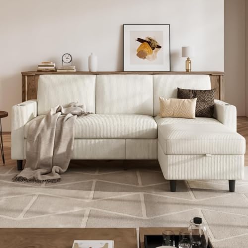 POYISOU Convertible Sectional Couches for Living Room, 3 Seats L Shaped Sofa with Storage Ottoman and 2 Cup Holders, Modern Corduroy Couch Small Sofas for Small Space Apartment Office, Beige