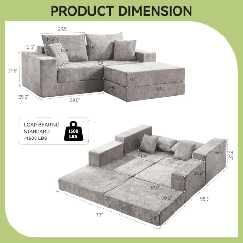 Image of 79 inch Boneless Loveseat Sofa Couch, Modular Foldable Floor Cloud Sofa with Ottoman, Lounge Convertible Sofa Bed for Living Room, No Assembly, Chenille Light Grey