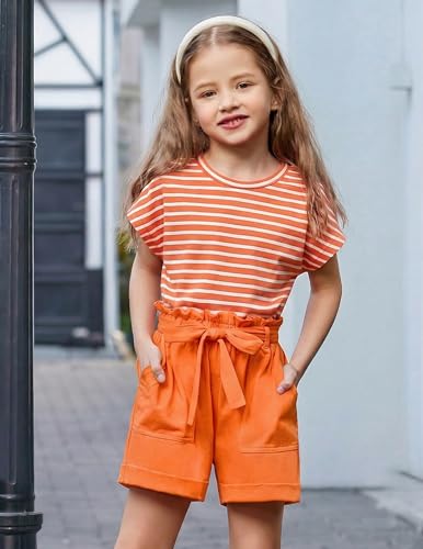 Image of Arshiner Girls 2 Piece Outfit Summer Drop Shoulder Batwing Sleeve Tops and Paperbag Waist Shorts Set Cute Clothing Size 6-14