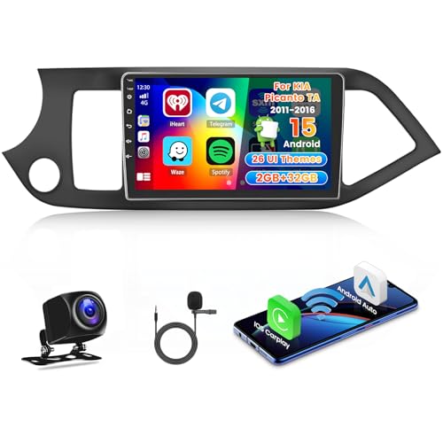 Roinvou 2+64GB Radio Coche para KIA Picanto TA 2011-2016 Inalámbrico Carplay Android Auto, 9 Pulgadas Pantalla Táctil Android 15 Bluetooth Radio con WiFi GPS EQ FM/RDS SWC Cámara Trasera