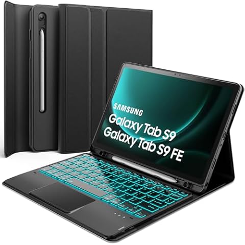 inkolelo Keyboard Case for Samsung Galaxy Tab S9 / S9 FE Case with Keyboard 11 inch，Detachable Smart Tablet Keyboard with 7 Colors Backlit & Touchpad,Tab S9 11" / S9 FE 2023 Keyboard Case Black Cover
