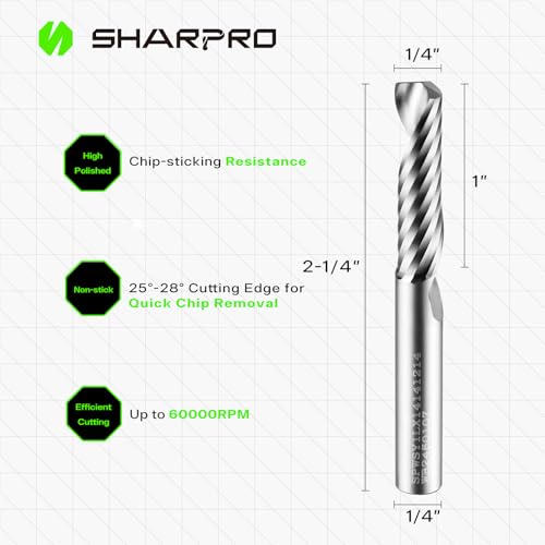 SHARPRO O Flute Upcut Spiral Router Bit 1/4 Inch Shank 1/4" Cutting Dia. 1" CL. 2-1/4"OVL. Carbide Single Flute CNC Router Bit, Ideal for Aluminum, Plastic, Acrylic, Wood, MDF and PVC by SHARPRO - Image 2