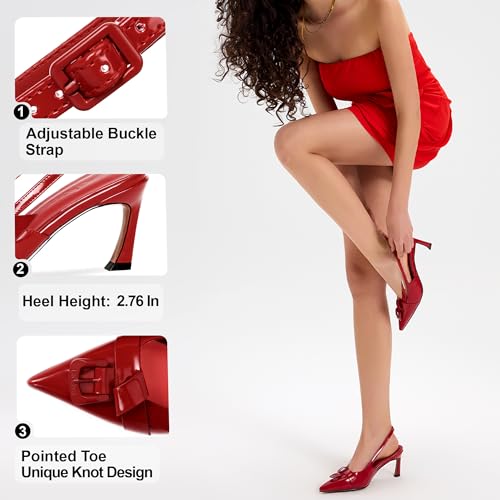 Women Heels Slingback Pointed Closed Toe Kitten Heel Sandals Slip On Stiletto 2.6 Inch Pumps Metal Buckle Patent Leather Evening Prom Party Dress Shoes3
