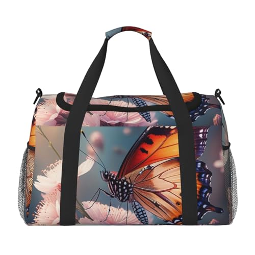 Butterfly Print Travel Duffle Bag - Foldable Personal Item Travel Bag for Women & Men,Carry-On Convertible Crossbody Tote Bags with Adjustable Shoulder Strap & Pockets 13x10.2x19.7 in