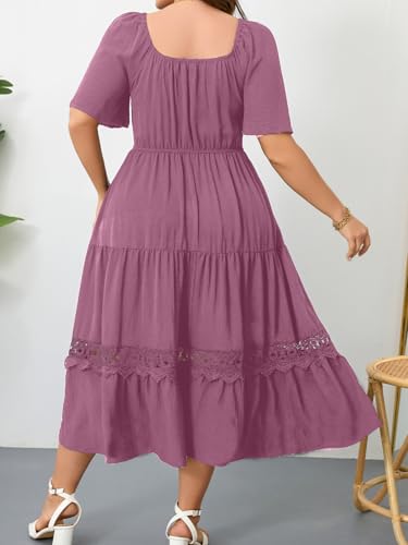 Image of RWJ Women's Plus Size Maxi Dress Short Sleeve Square Neck Flowy A-Line Lace Trim Flutter Party Casual Off Shoulder Dresses