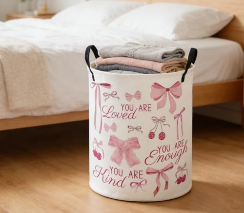 Image of ESSME Kids Laundry Basket,Pink Hamper Collapsible Canvas Waterproof Storage Bin for Girls, Cute Hamper,Gift Baskets(bow)