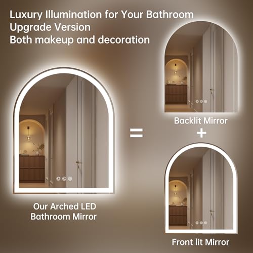 Image of Arched LED Mirror for Bathroom 24 inchx30 inch- Frameless Lighted Bathroom Mirror with Lights, Fogless, Dimmable, 3 Color Changing, Shatterproof, Touch Sensor