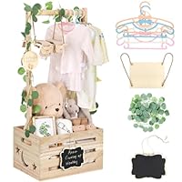 Wooden Baby Shower Crate Closet with Adjustable Handle & Garland, Large Personalized Baby Shower Basket Clothes Hangers Rack Storage Box, Pregnancy Gifts for New Parents Newborn Boy Girl