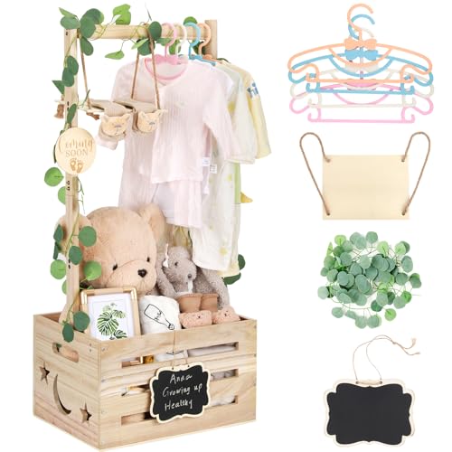 Wooden Baby Shower Crate Closet with Adjustable Handle & Garland, Large Personalized Baby Shower Basket Clothes Hangers Rack Storage Box, Pregnancy Gifts for New Parents Newborn Boy Girl