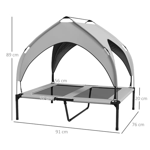 PawHut Erhöhtes Hundebett mit Baldachin, Haustierbett, Outdoor Hundeliege mit Dach, Atmungsaktiv, für große Hunde Hellgrau Oxford 91 x 76 x 89 cm