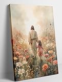 Jesus Walking With Girl Canvas Wall Art Jesus Flower Field Watercolor Paintings Christian Wall Decor Pictures I Will Walk With Christ Posters Prints Religious God for Baby Girl Room Framed