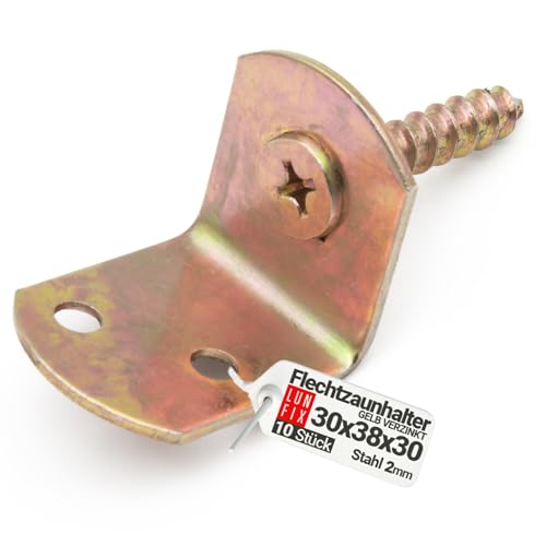 Lot de 10 supports de clôture tressée 30 x 38 x 30 mm en acier galvanisé jaune en forme de L avec vis cruciforme pour montage de clôture de jardin