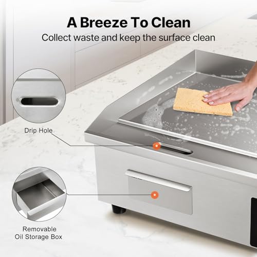 Image of VEVOR Commercial Electric Griddle, 22 inch, 1600W Countertop Flat Top Griddle, Stainless Steel Teppanyaki Grill w /Iron Cooking Plate, 122-572℉ Adjustable Temp Control 2 Shovels & Brushes, 110V
