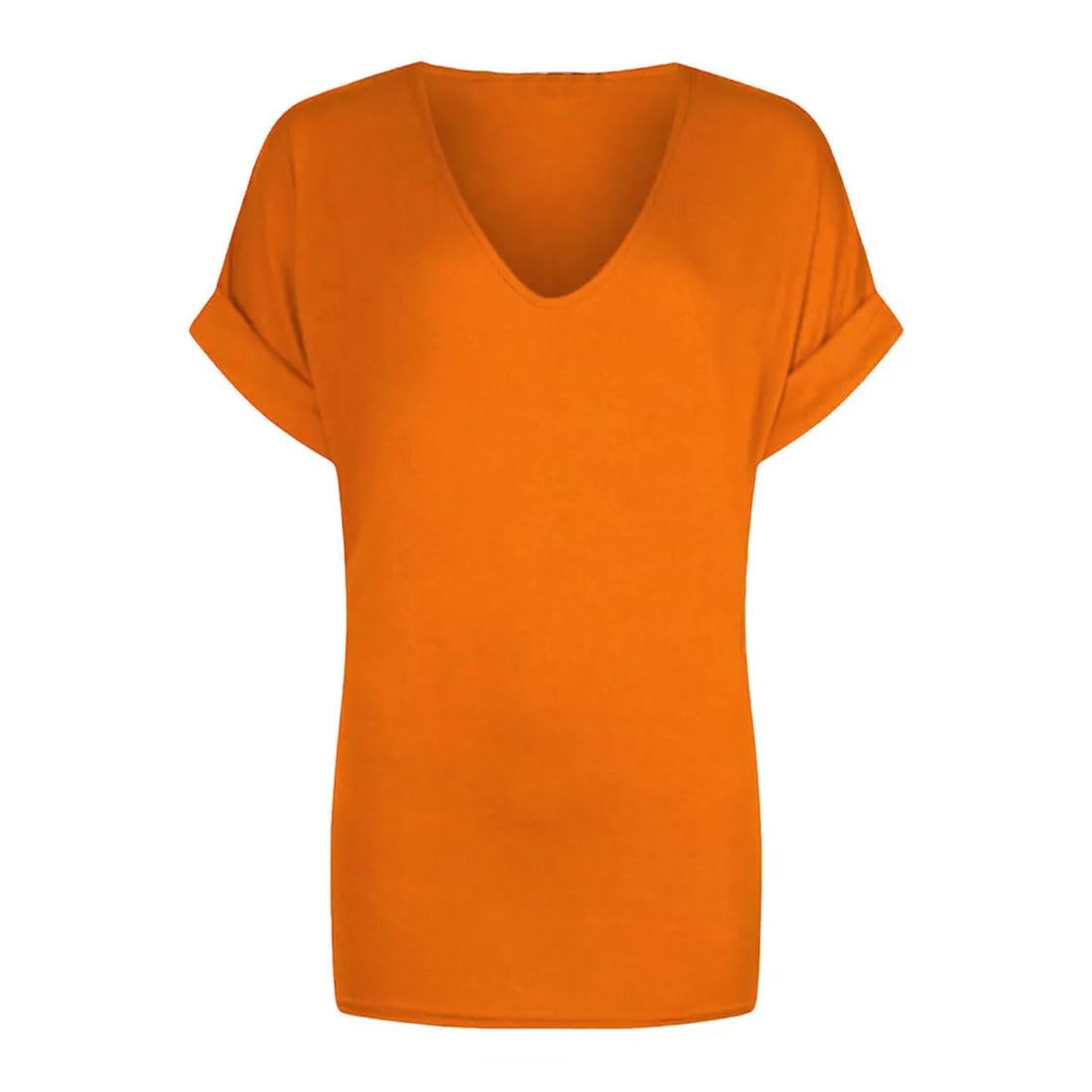 Fairy Trendz Ltd Women's Orange Oversize Fit V Neck Top Baggy Plus Size Batwing Turn Up Sleeve Casual T-Shirt Sizes 8-26