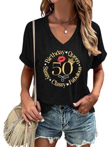 50 Birthday Queen T Shirt for Women Classy 50th Birthday Gifts Letter Print Funny Cute Party Tops Casual V Neck Tee Blouse Black