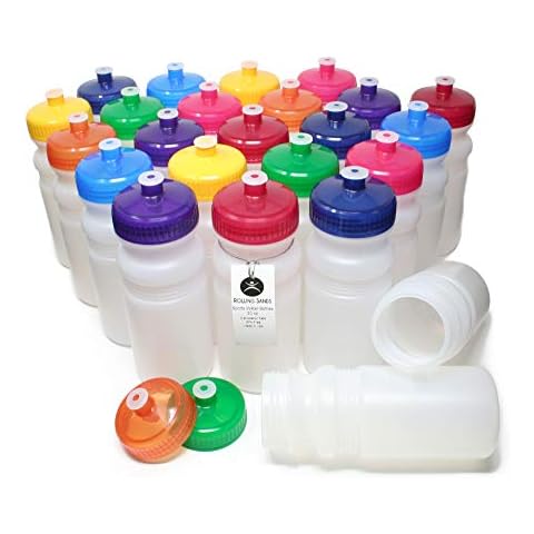 Rolling Sands 20 Ounce Sports Water Bottles 24 Pack, BPA-Free, Made in USA, Dishwasher Safe, Clear Frost Bottles/Variety Cover