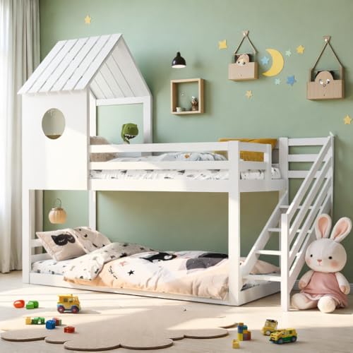Etagenbett 90x200 cm, Hochbett mit Treppe, Doppelstockbetten mit rausfallschutz, Kinderbett Holzbett mit Fenster und Dach, Hausbett mit Lattenrost,Wackelsicher und Kippgeschützt, Weiß