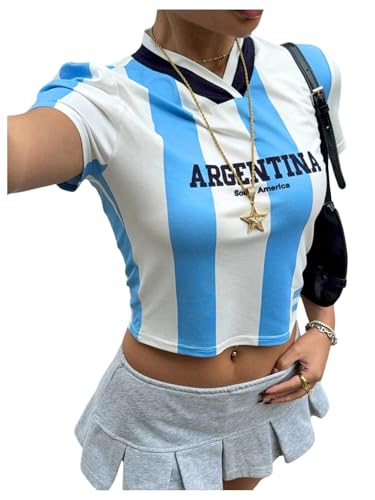 SweatyRocks Girl's Striped Short Sleeve Jersey Shirt Y2k Letter Graphic V Neck Crop Tees