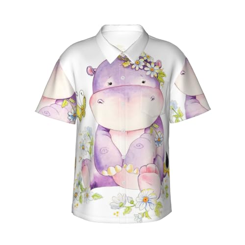 Chemise hawaïenne imprimé papillon et hippopotame chemise décontractée manches courtes poche